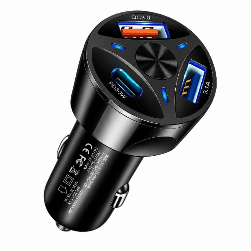 Carregador Veicular QC3.0 com Carregamento Rápido 3 Portas USB e Tipo-C