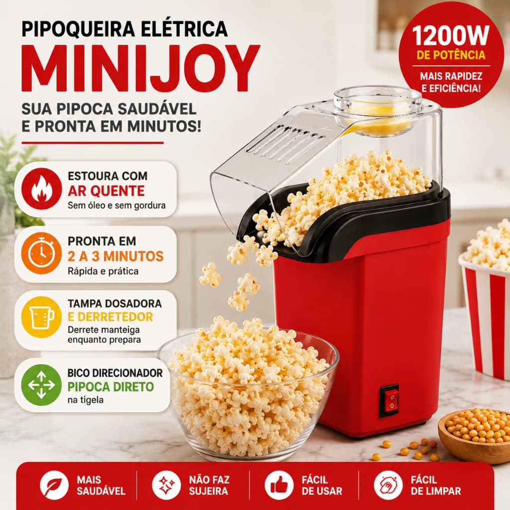 Pipoqueira Elétrica Ar Quente 110V 1200W Sem Óleo MiniJoy Faz Pipoca Saudável em 3 Minutos