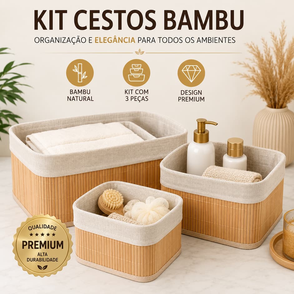 Kit 3 Cestos Organizadores de Bambu Natural com Forro | Organizador Multiuso para Banheiro, Cozinha, Closet e Decoração