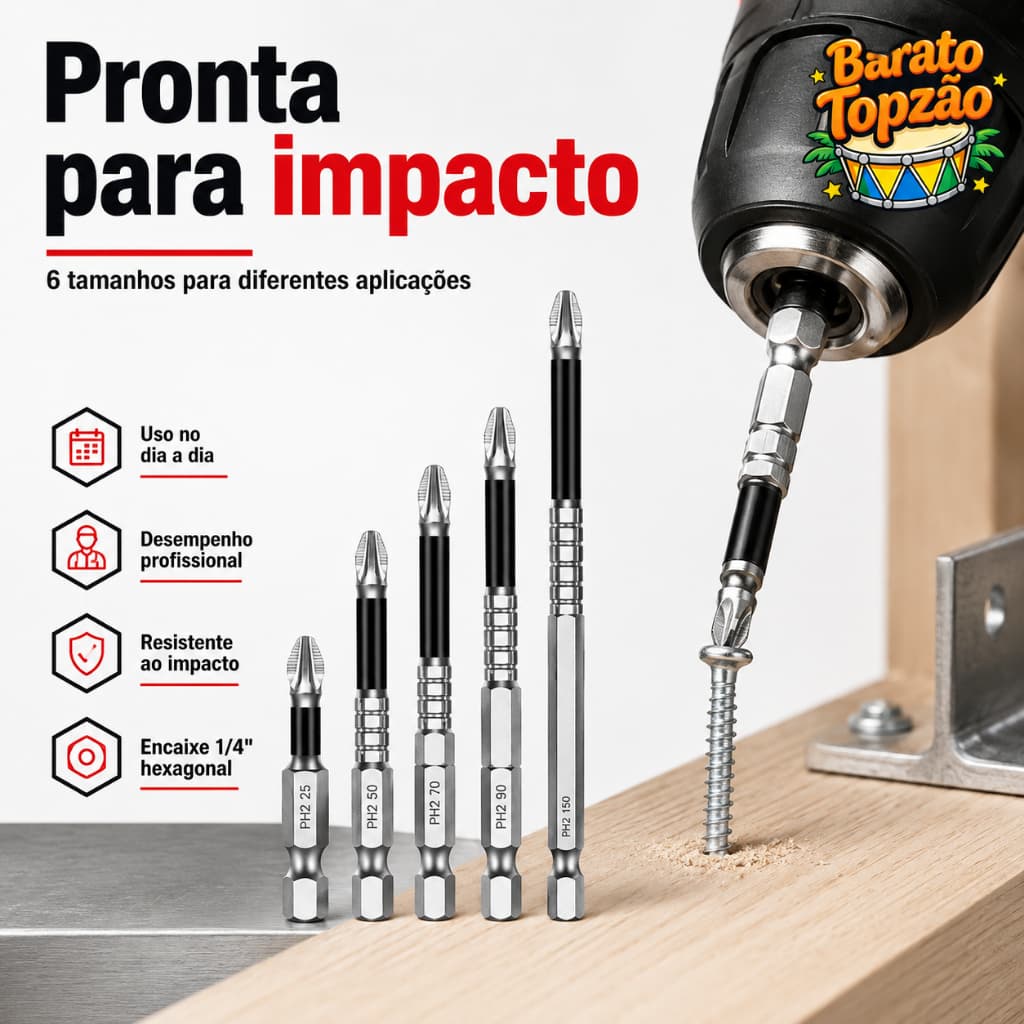 Kit 6 Bits Ponteira Magnetica Antiderrapante Impacto PH2 Chave Fenda Parafusadeira Furadeira - Envio Imediato