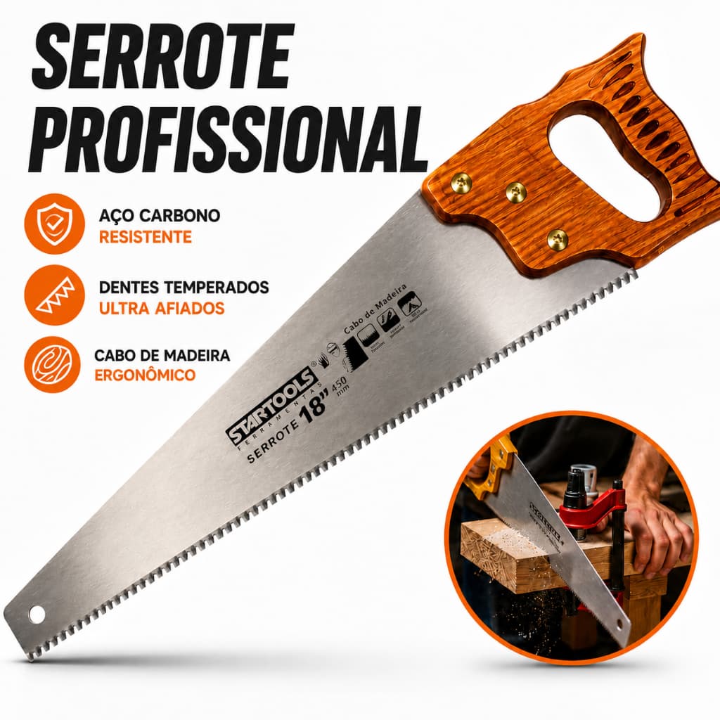 Serrote Profissinal Para Madeira 18" Cabo Madeira 6 Dentes Por Polegada Temperado Aço Carbono