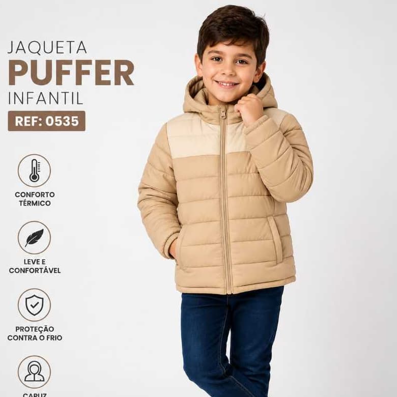 Jaqueta Puffer Infantil Masculina Premium com Capuz Térmica Inverno REF 0535