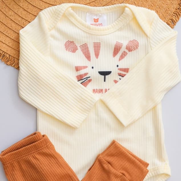 Conjunto Body Bebê Pagão Infantil Canelado Longo Tigrinho Menino e Menina