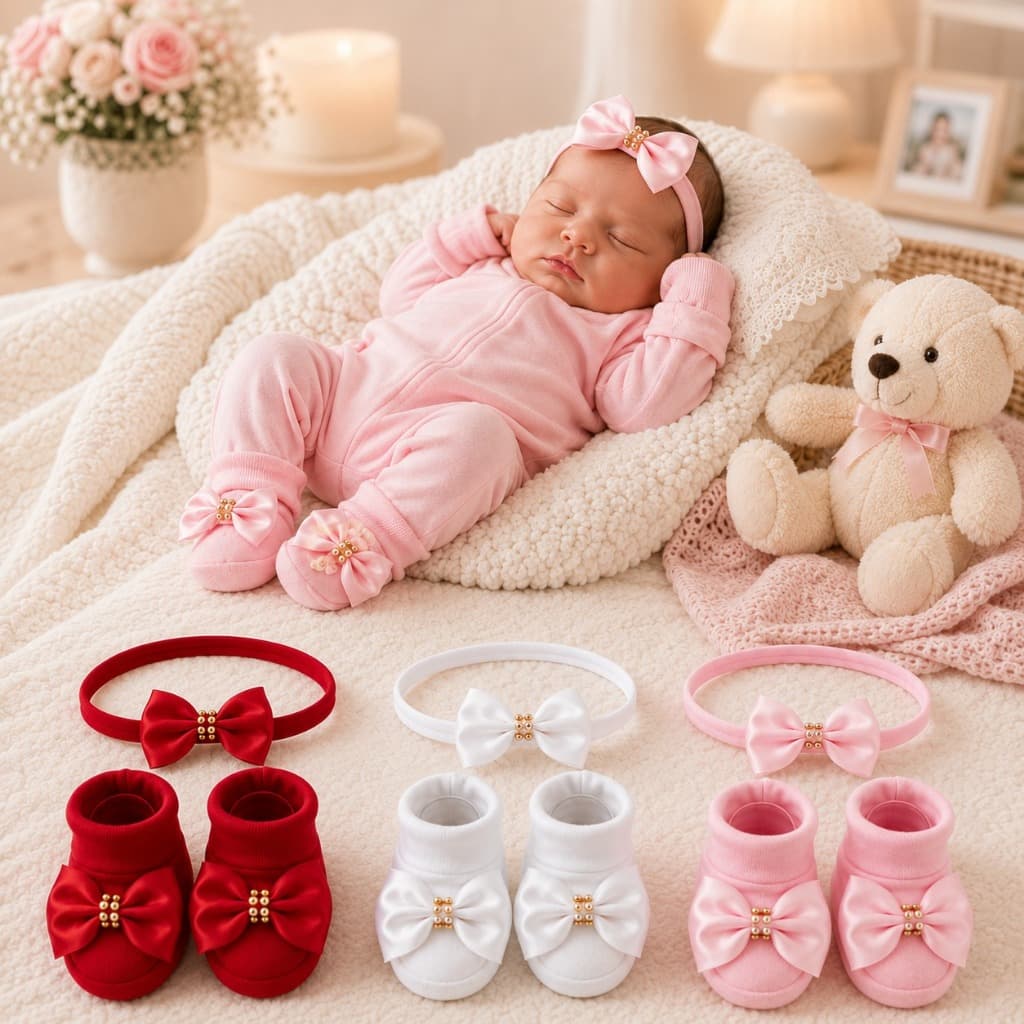 Kit Sapatinho Bebê RN com Faixa Laço Strass Menina Maternidade Recém-Nascida Enxoval