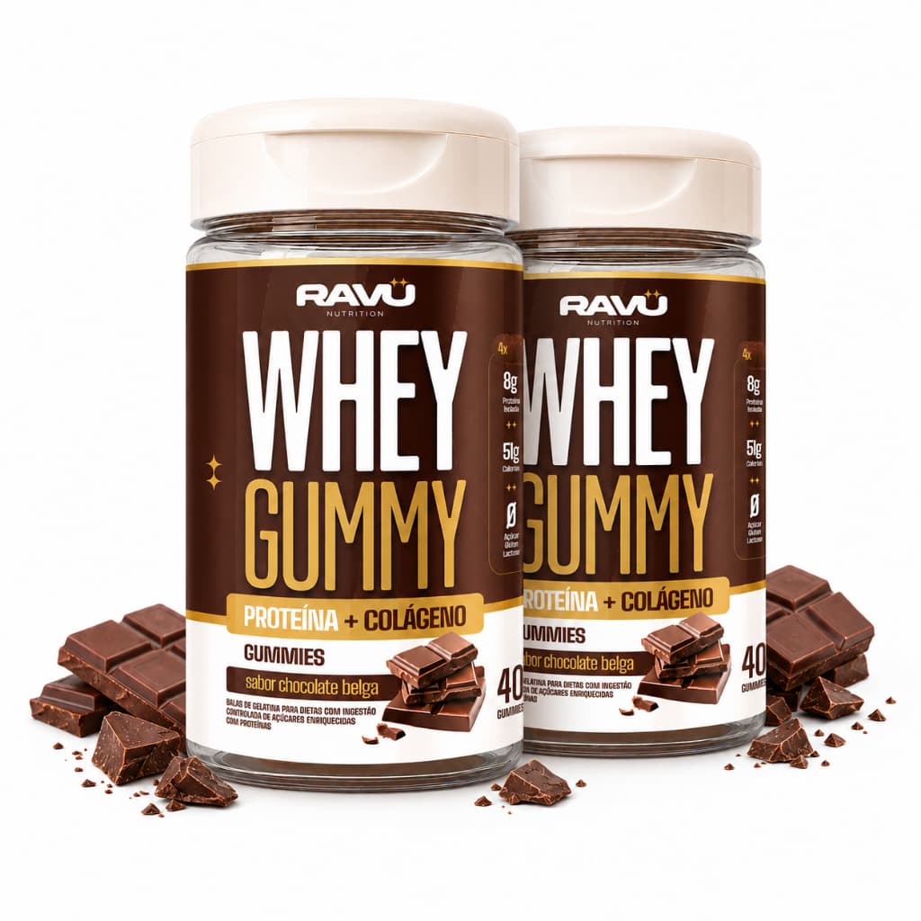Kit 2 Whey Gummy Ravu Chocolate Belga 80 Gomas | 160g de Proteína no Kit, 2g por Goma, Zero Açúcar