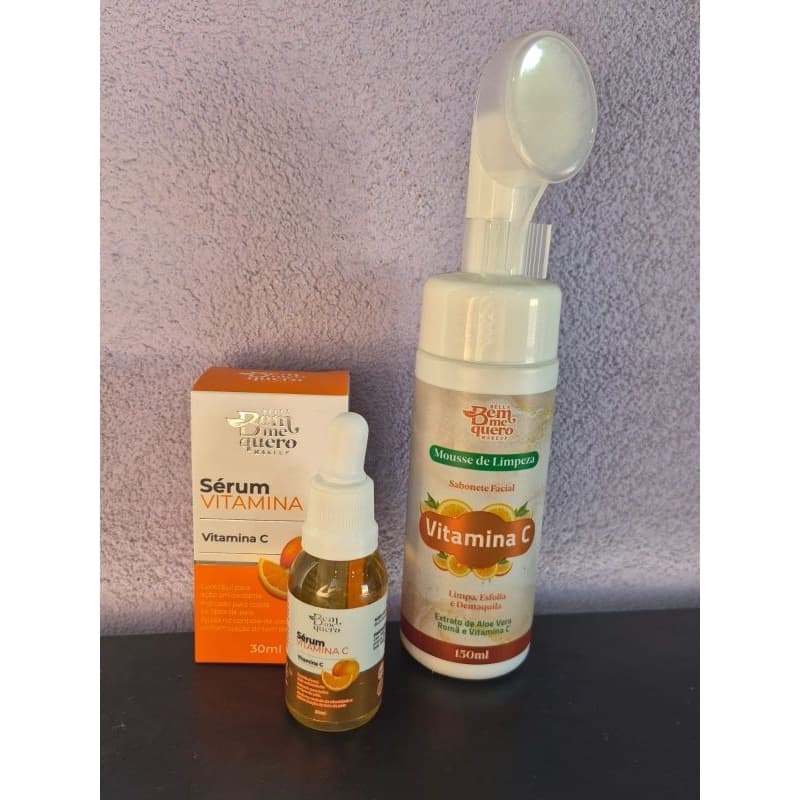 Kit Skincare Vitamina C – Sérum 30ml + Mousse de Limpeza Facial 150ml com Escova Massageadora