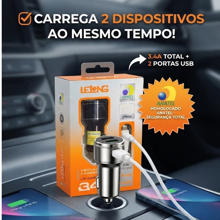Carregador Veicular Turbo 3.4A 2 Portas USB com Cabo iOS/TIPO C 100cm Carga Rápida Fonte Automotivo Isqueiro Carro