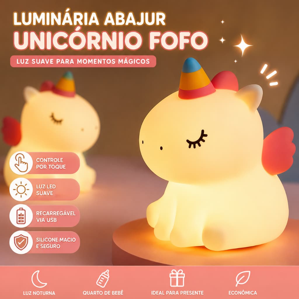 Luminária Abajur Unicórnio Fofo de Silicone – Luminária de Mesa LED Recarregável Controle por Toque