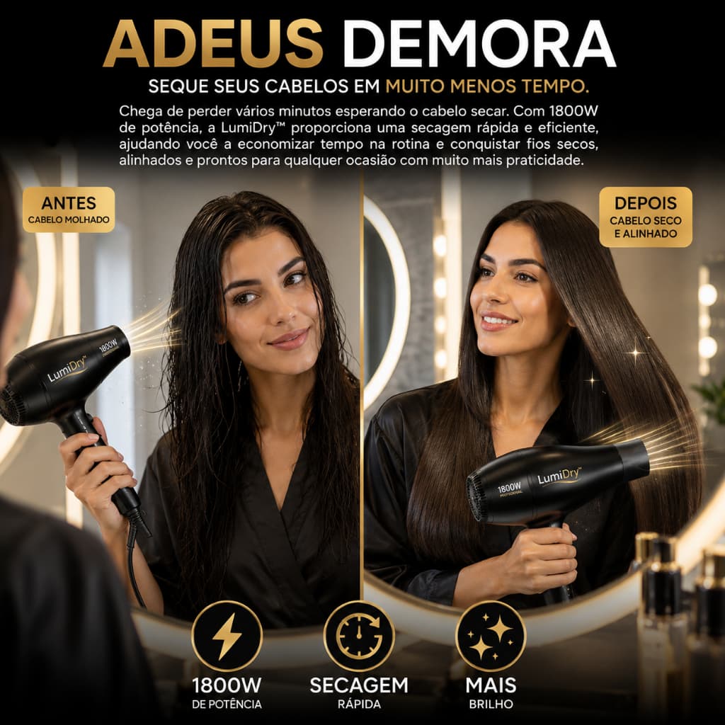 Secador de Cabelo Profissional 1800W LumiDry™ Potente Secagem Rápida Leve Ergonômico Controle de Temperatura 127V Preto