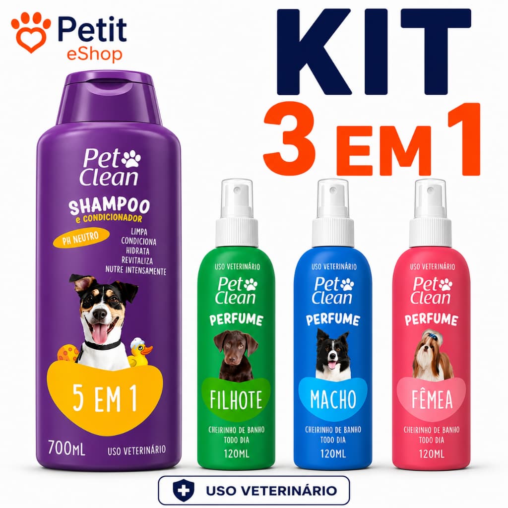 Kit Shampoo 5 em 1 + Perfume para Cães e Gatos Pet Clean