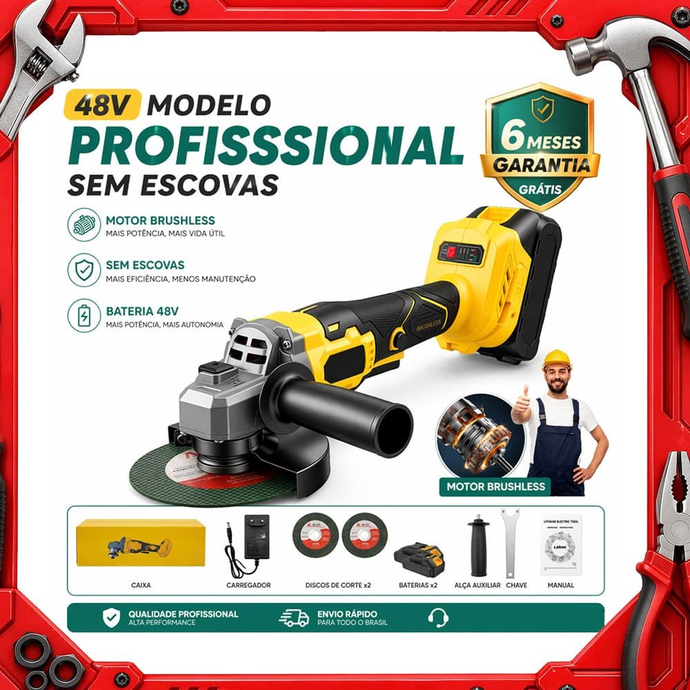 MOHOR Esmerilhadeira 125mm 48V Recarregável Sem Fio Com 2 Baterias Para Lixar Cortar E Polir