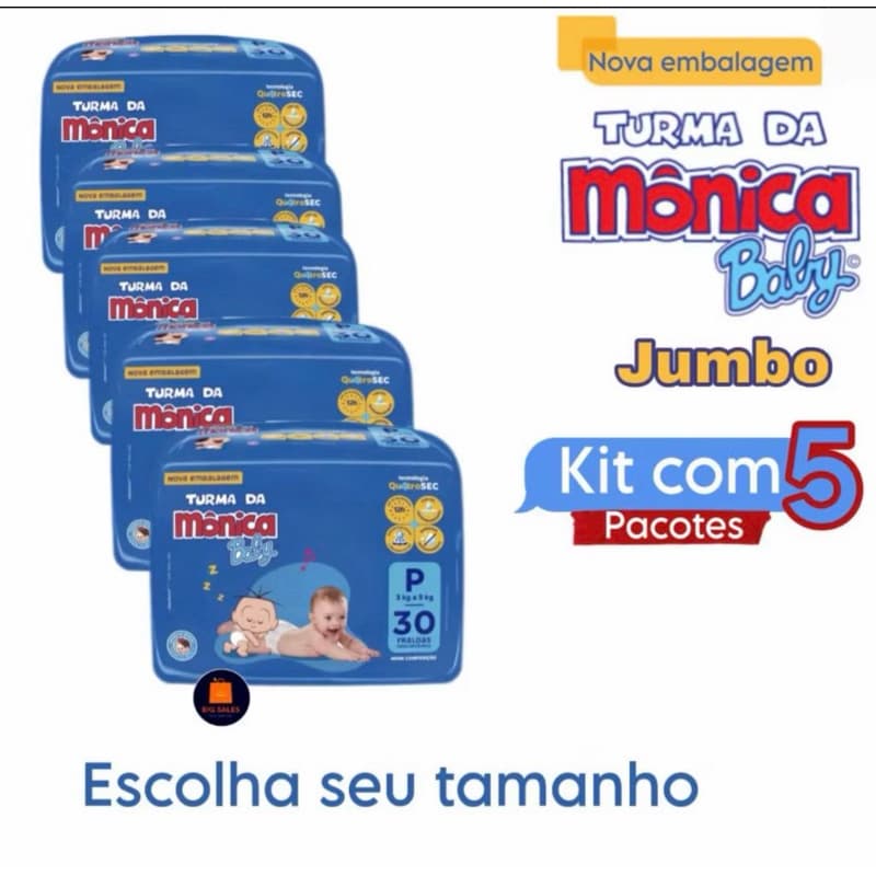 Fraldas Descartáveis 5 Pacotes  + Lenço Umedecido Kit Promoção Escolha Tamanho Mônica