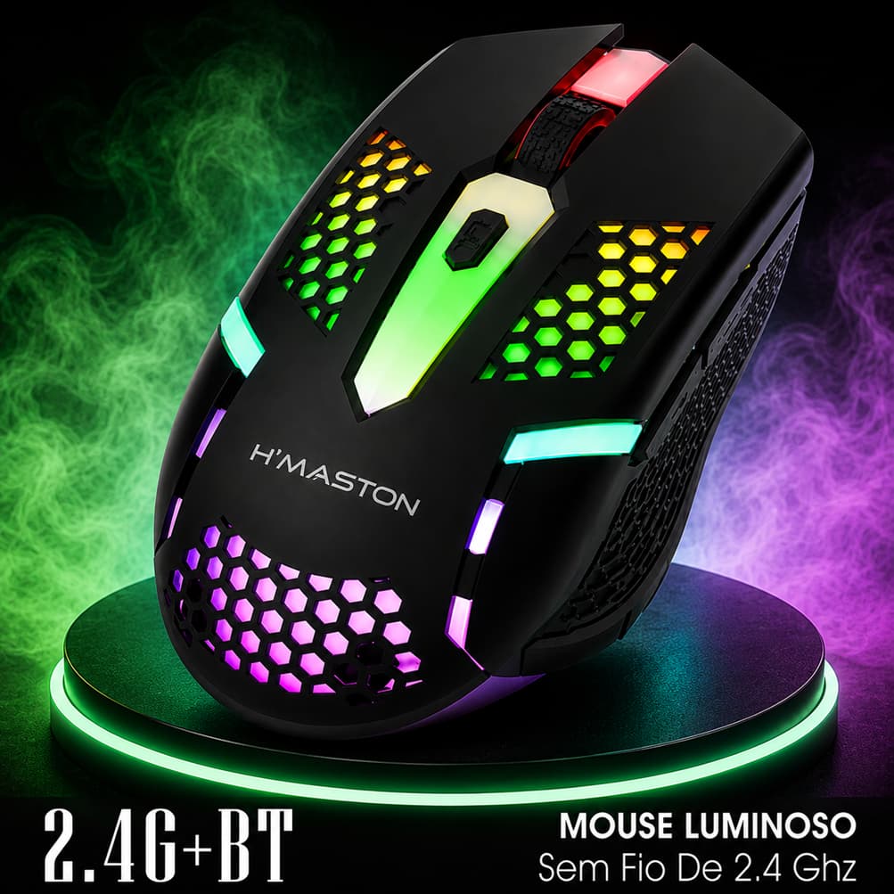 Mouse Gamer Sem Fio Bluetooth 2.4G RGB Recarregável Ergonômico para PC Notebook Silencioso Dual Mode H'Maston MS08