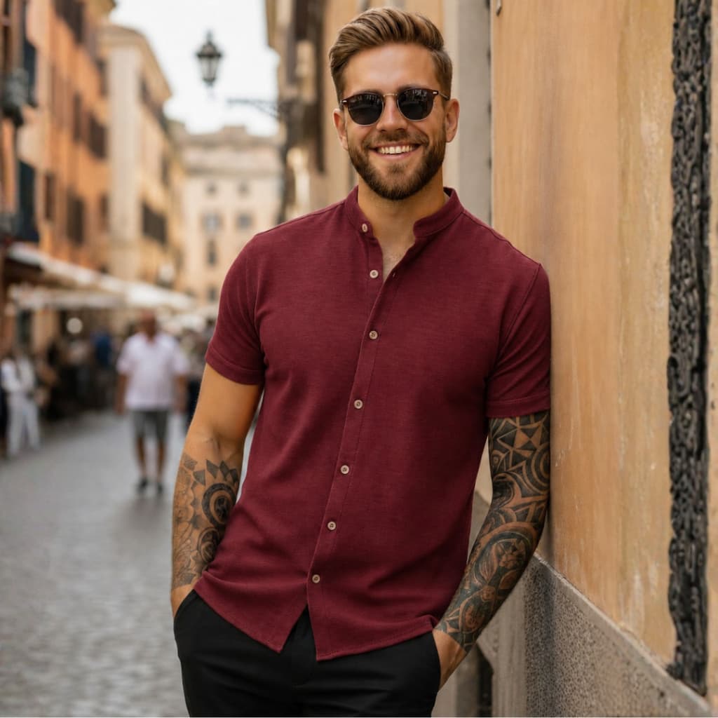 Camisa Social Masculina Slim Fit Gola Padre Manga Curta