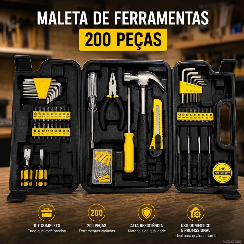 Kit Maleta Ferramentas 200 Peças Completo Manutenção Reparo Chaves Alicate Soquetes Bits Oficina Casa Viagem