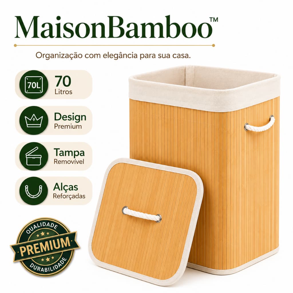Cesto de Roupas Bambu 70L Organizador com Tampa e Alças Grande Dobrável para Lavanderia Quarto Banheiro MaisonBamboo™