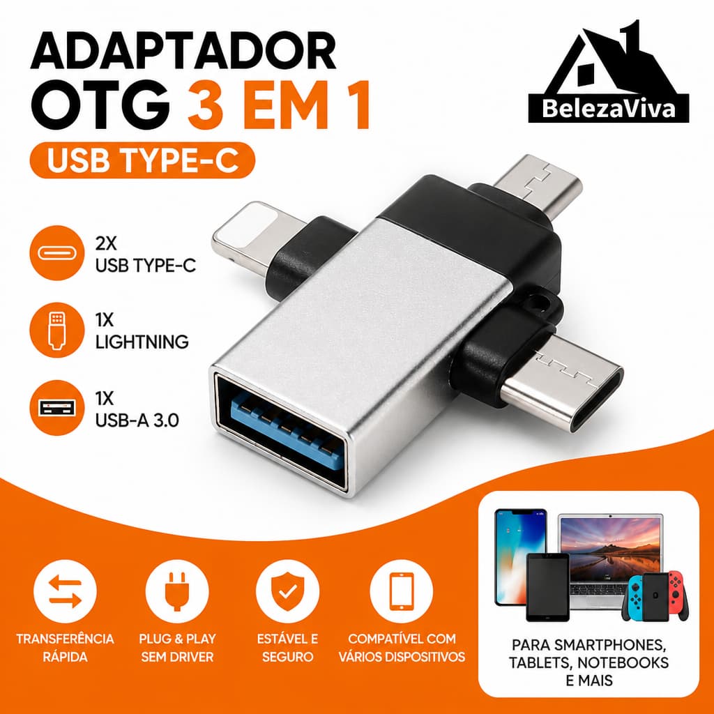 Adaptador OTG 3 em 1 USB Tipo C Para Android iPhone Conector Plug Play Smartphone Tablet