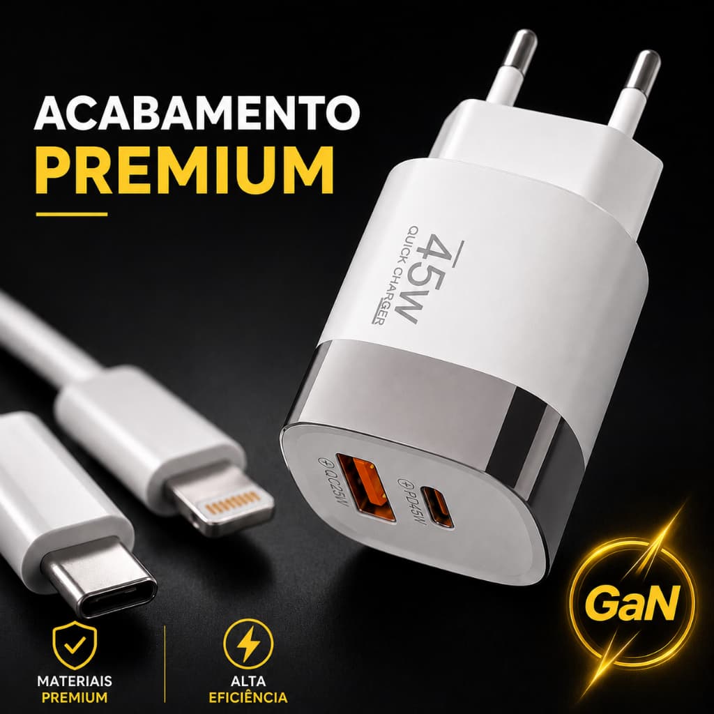 Carregador turbo de 45W Quick Charge 3.0 GaN - Tipo C e USB Carregador Rápido para Celular e Tablet Android e iOS