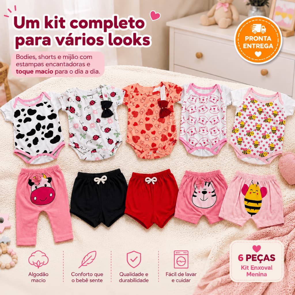 Kit Enxoval 6 Peças Body Bebê Infantil Menina Animado Estampado Bodie Short Mijão