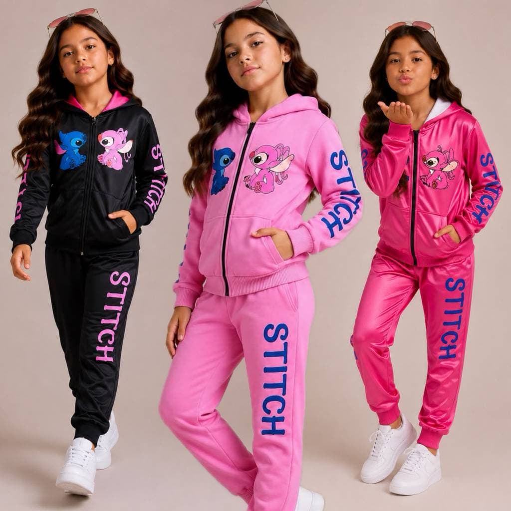 Conjunto Infantil Juvenil Menina Stitch Casaco E Calça Kit 2 Peças Moletom Chimpa Ideal Para Inverno