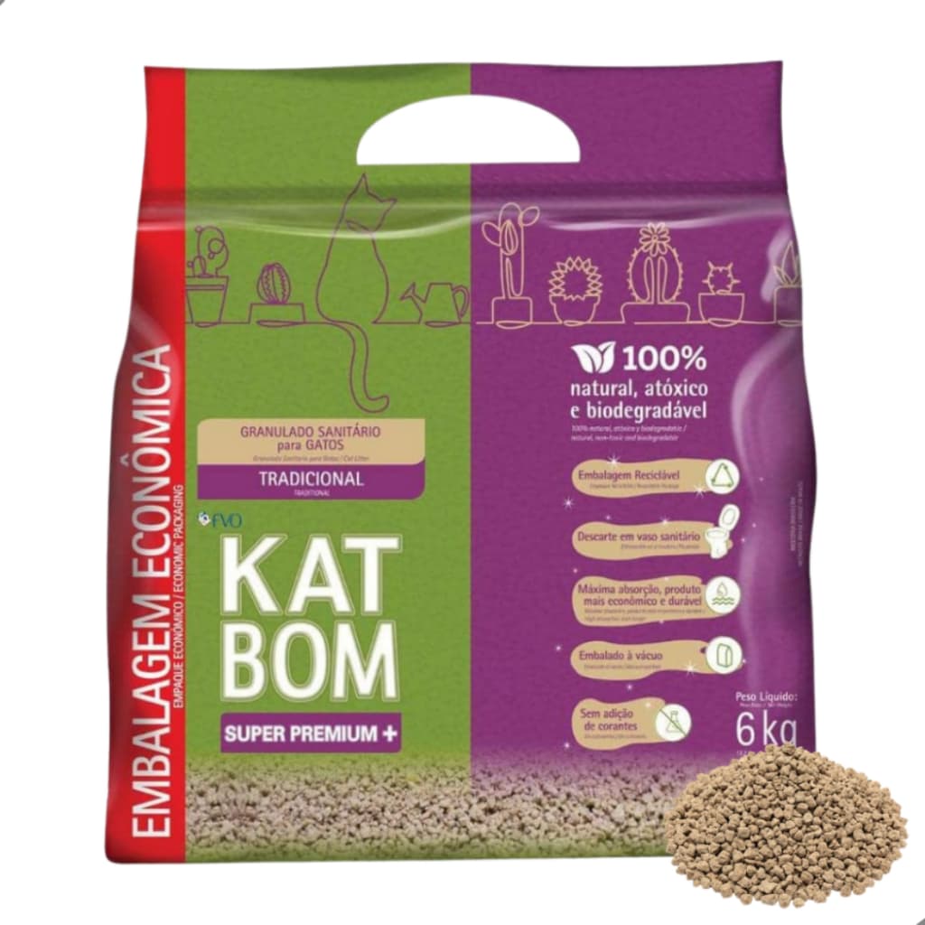 Areia Sanitária Higiênica Granulado para Gatos Natural Biodegradável Premium Katbom Tradicional 6 Kg