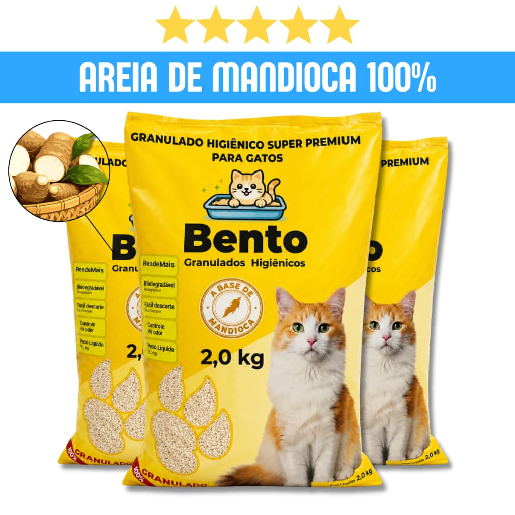 Bento Areia Higiênica Biodegradável Mandioca 100% para Gato | 2 a 6kg | Grão Ultra Fino Anti-Odor