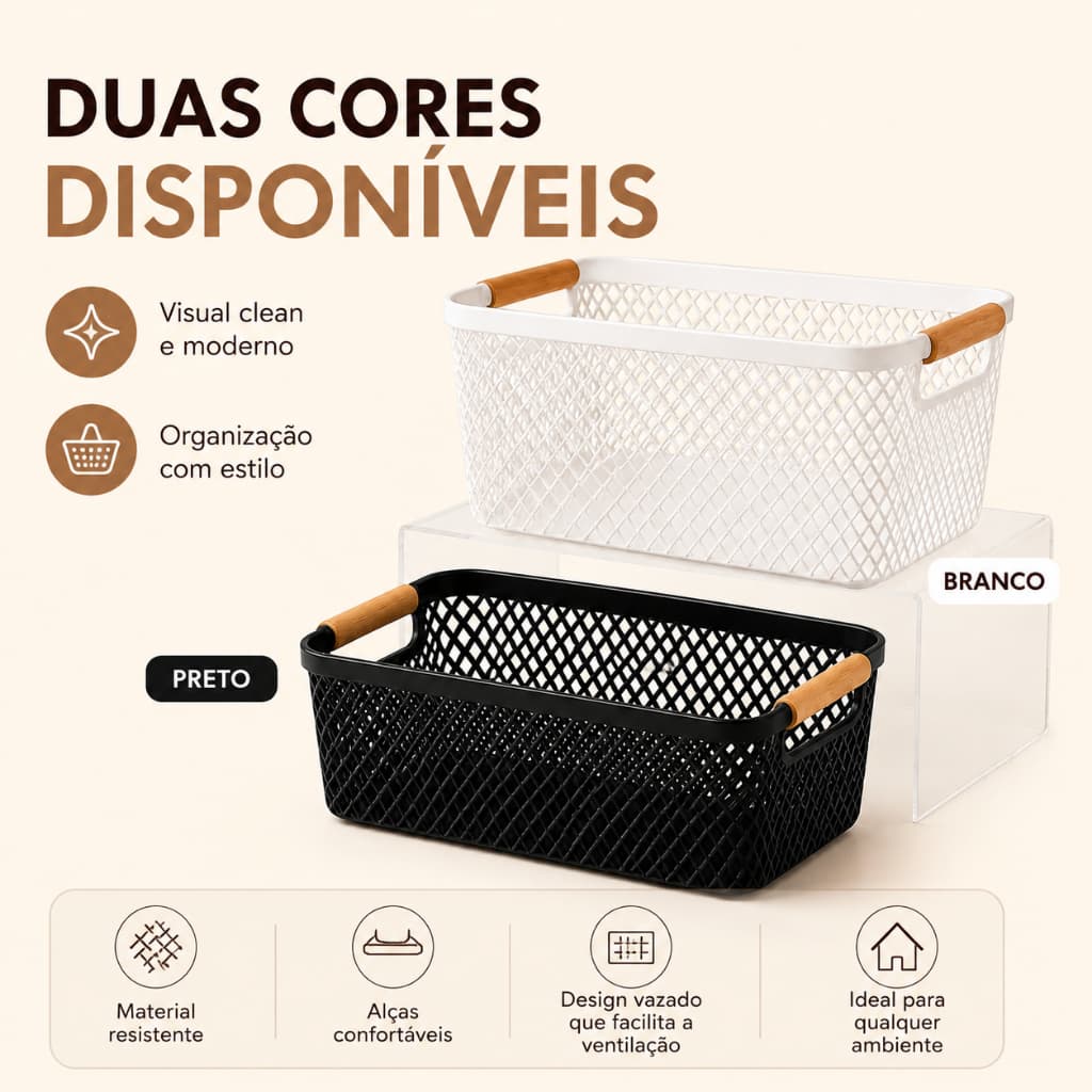 Cesto Organizador Multiuso com Alça de Bambu – Preto ou Branco | Tamanhos M e G | Organizador para Cozinha, Banheiro