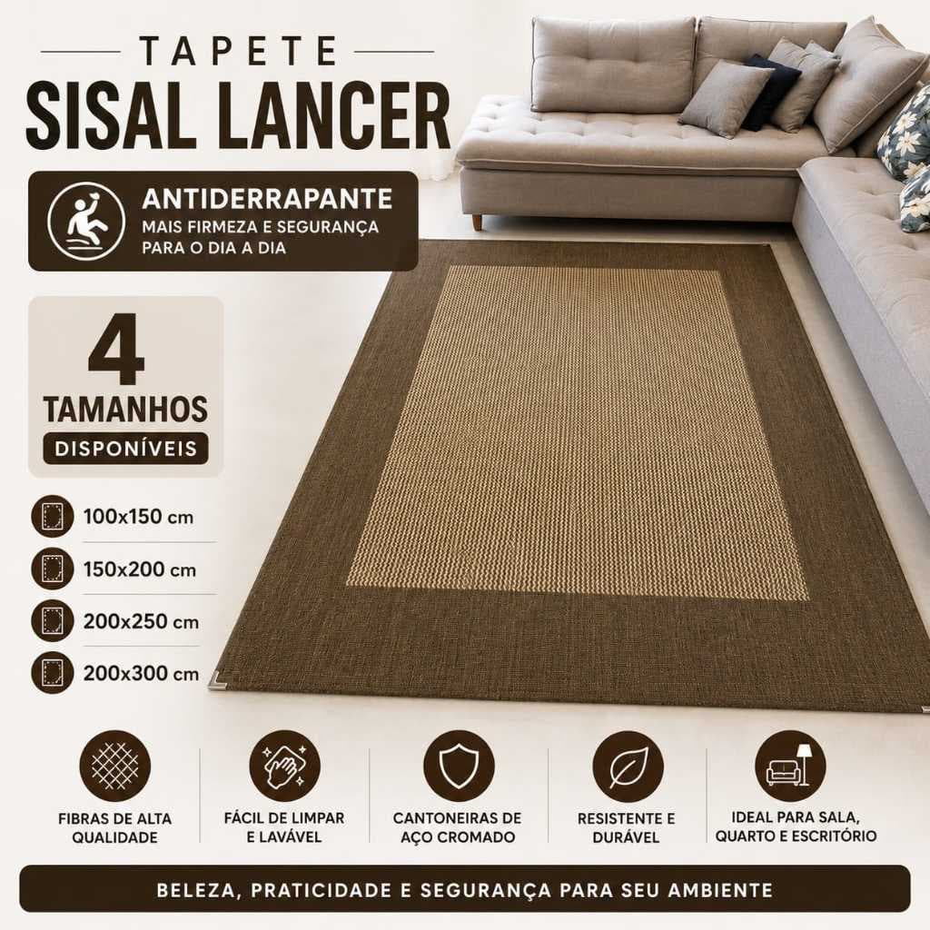 Tapete Sisal Lancer Antiderrapante Sala Quarto Vários Tamanhos Cantoneira em Aço Cromado