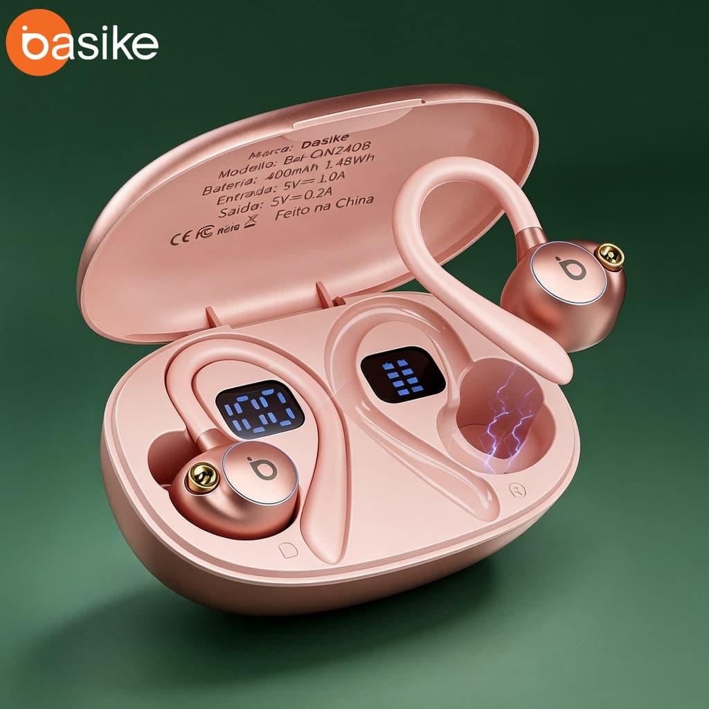 Basike Fone de Ouvido Bluetooth Sem Fio HiFi TWS com Ear Clip Gancho Bluetooth5.4 Graves Fortes e 3D Surround HiFi 10h