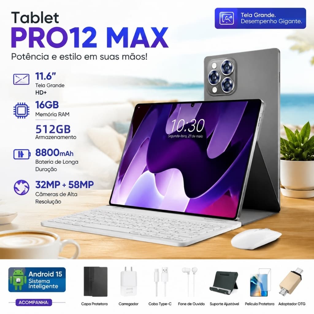 Galaxy Tablet Pro12 Max  | 16GB + 512GB | Android 15 | 11.6" HD screen | Snapdragon 888 with Free Keyboard and Mouse 5G