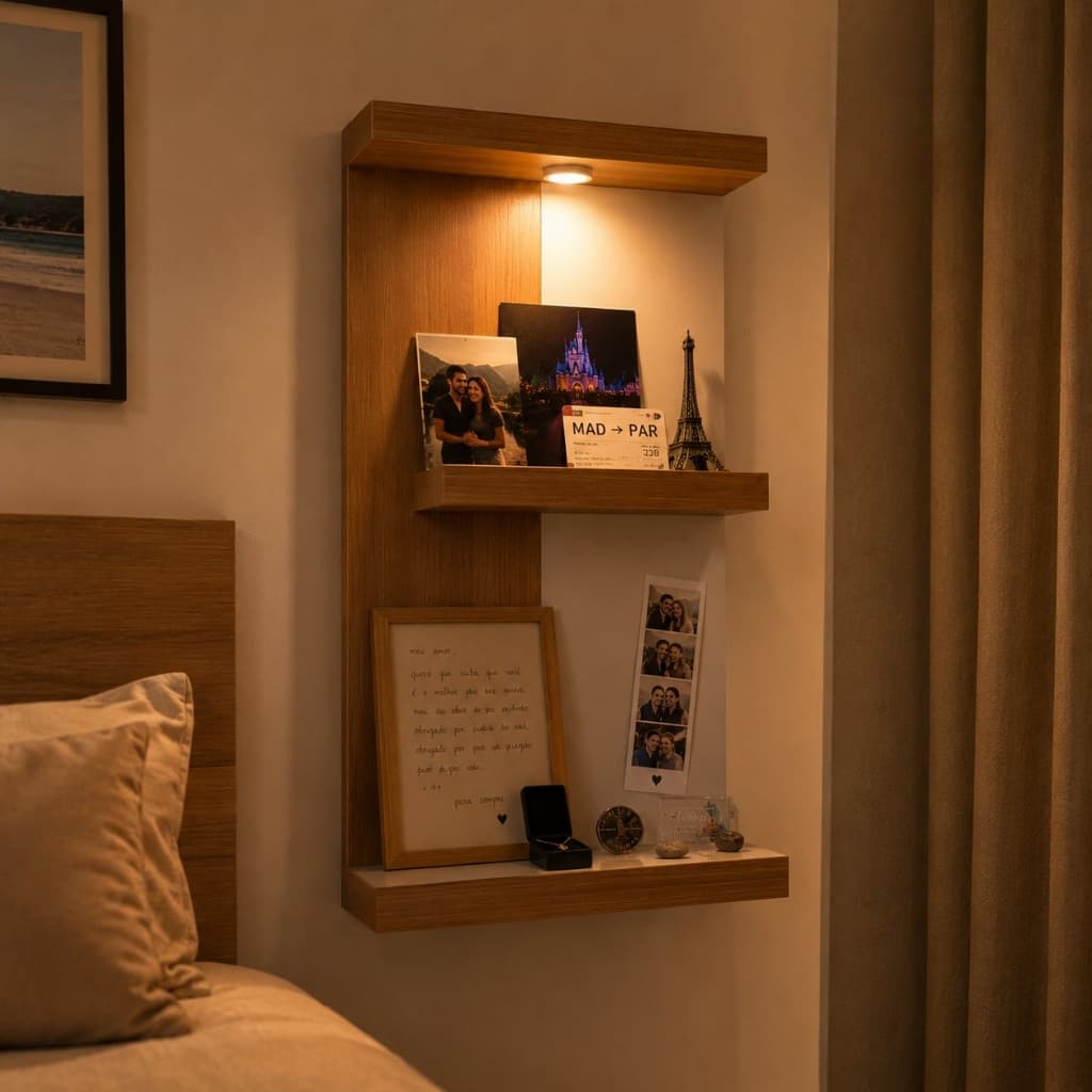 MDF Prateleira Amadeirada E Branco Com Luminária suporte parede Decorativo Moderno