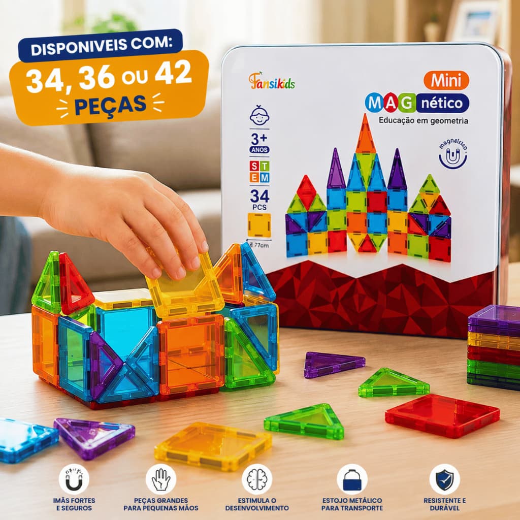 Bloco Magnético Imã Contrução Infantil  Brinquedo STEM Educativo Peças de Montar Estojo Metal 34-36-42 ou 56 peças