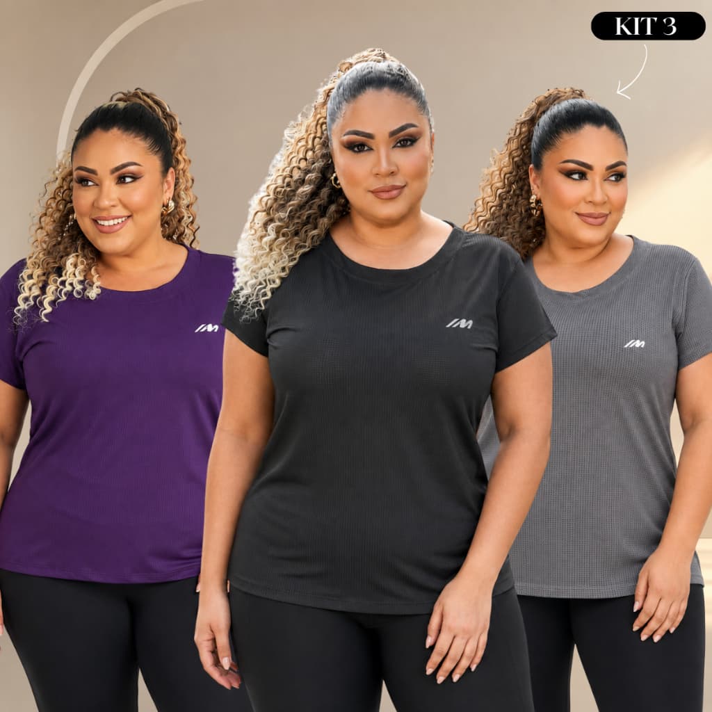Kit 3 Camisa Plus Size Academia Feminina Dry Fit Musculação Treino Caminhada Blusa Tamanho Grande G1 G2 G3