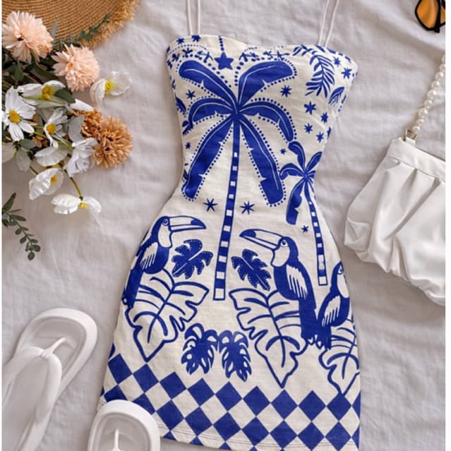 Vestido Tropical Feminino Coqueiros e Tucanos Ajustado ao Corpo