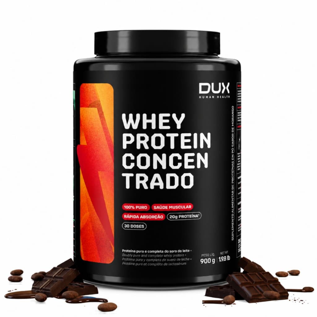 Whey Protein Concentrado Chocolate DUX 900g 20g Proteína 30 Doses 100% Whey
