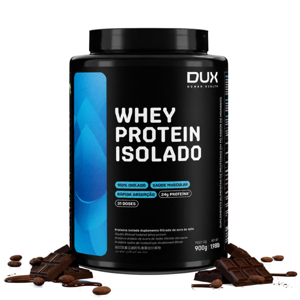Whey Protein Isolado DUX Chocolate 900g - 24g Proteína, 80% Concentração, 30 Doses