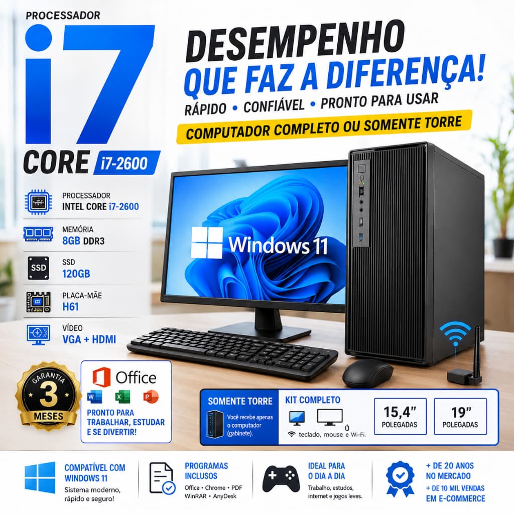 Computador i7 Barrato com 8GB SSD 120GB - CPU ou opção com Monitor