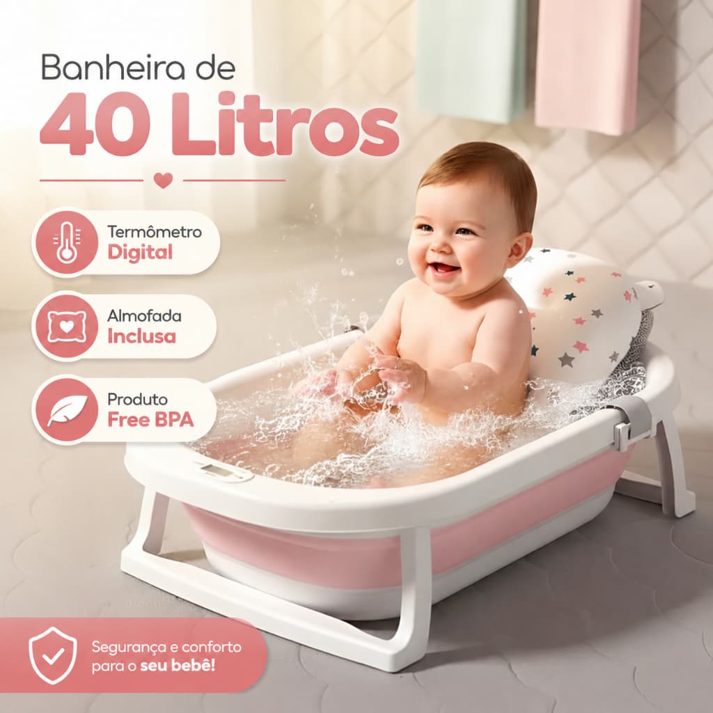 Banheira Dobrável Infantil Bebê Com Almofada E Termômetro Digital Portátil Rosa Azul