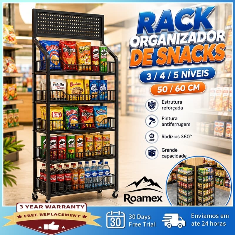 Rack Organizador de Snacks 3 4 5 Níveis com Rodízios Estante Metálica Multiuso 50 60cm para Cozinha Despensa Loja