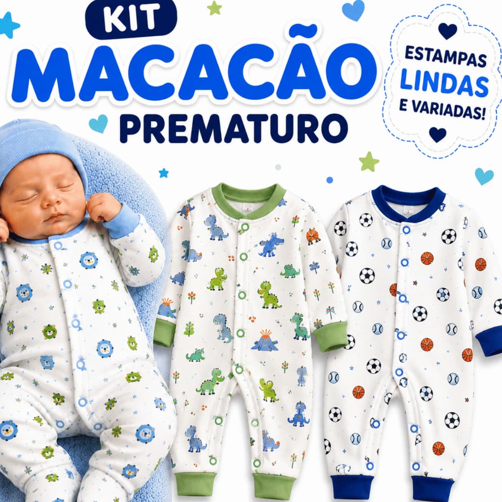 Kit 2 Macacão Prematuro Bebê Menino RN Suedine Algodão Estampado Roupa Bebê Enxoval Recém Nascido Saída Maternidade