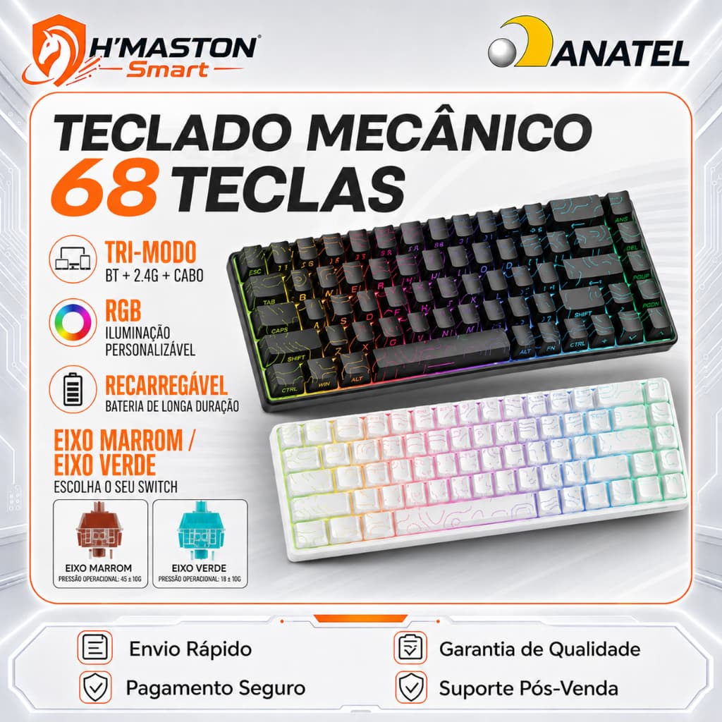 H'MASTON Teclado Mecânico 65% TK10 Teclado Gamer Mecanico Teclado Mecânico Sem Fio Teclado Gamer Sem Fio