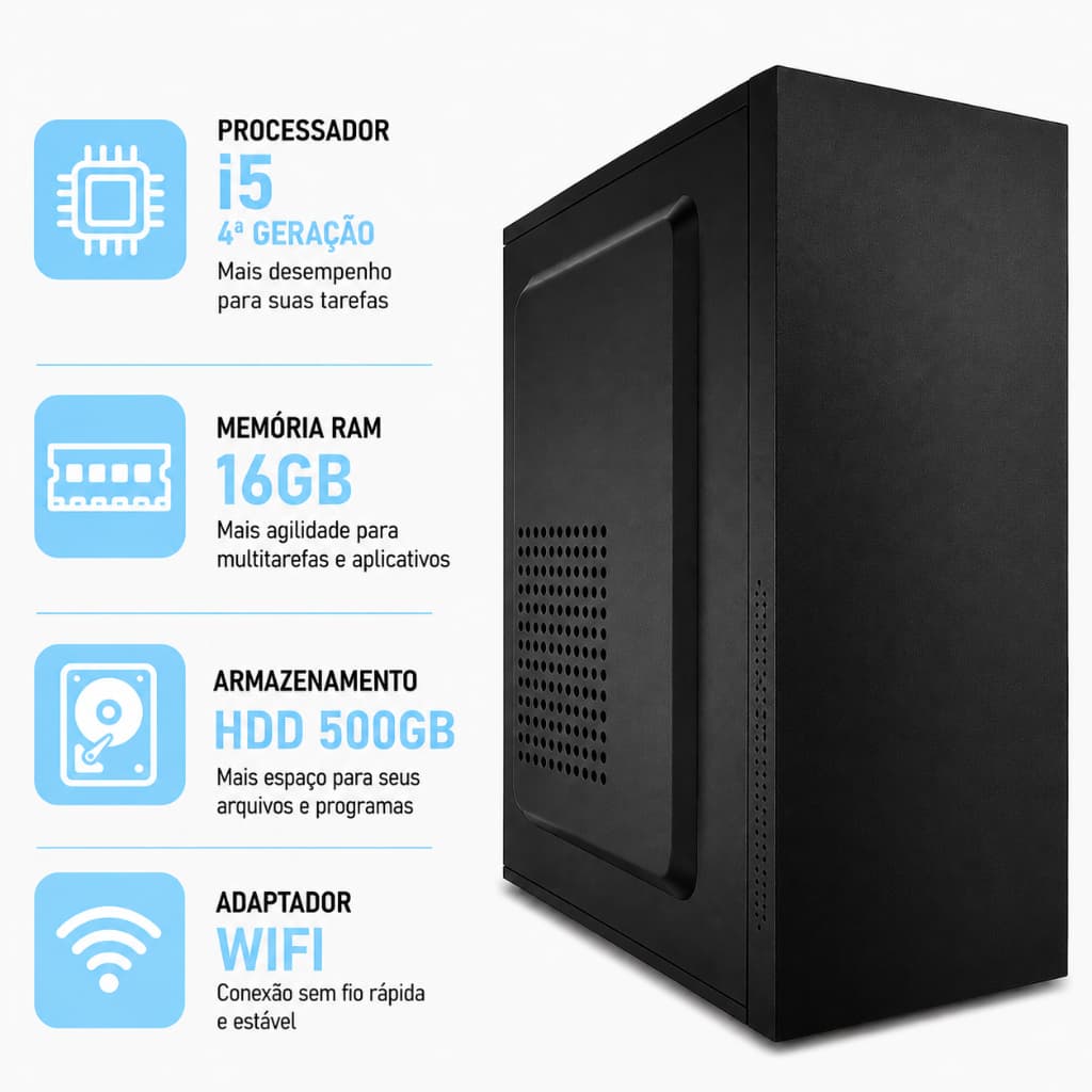 Desktop CPU Intel i5 De 4ª Geração 16gb Ram Ddr3 HDD 500gb Computador Torre Com Wifi Cabo De Força