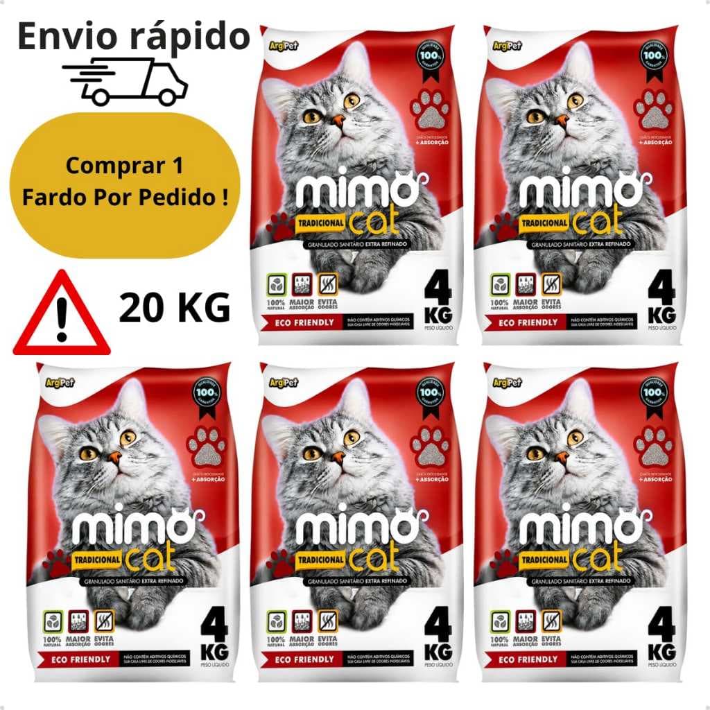 Kit 5 Areia Sanitária Argila Natural Para Gatos Grãos Médios Tradicional 20 kg Mimo Cat ArgiPet