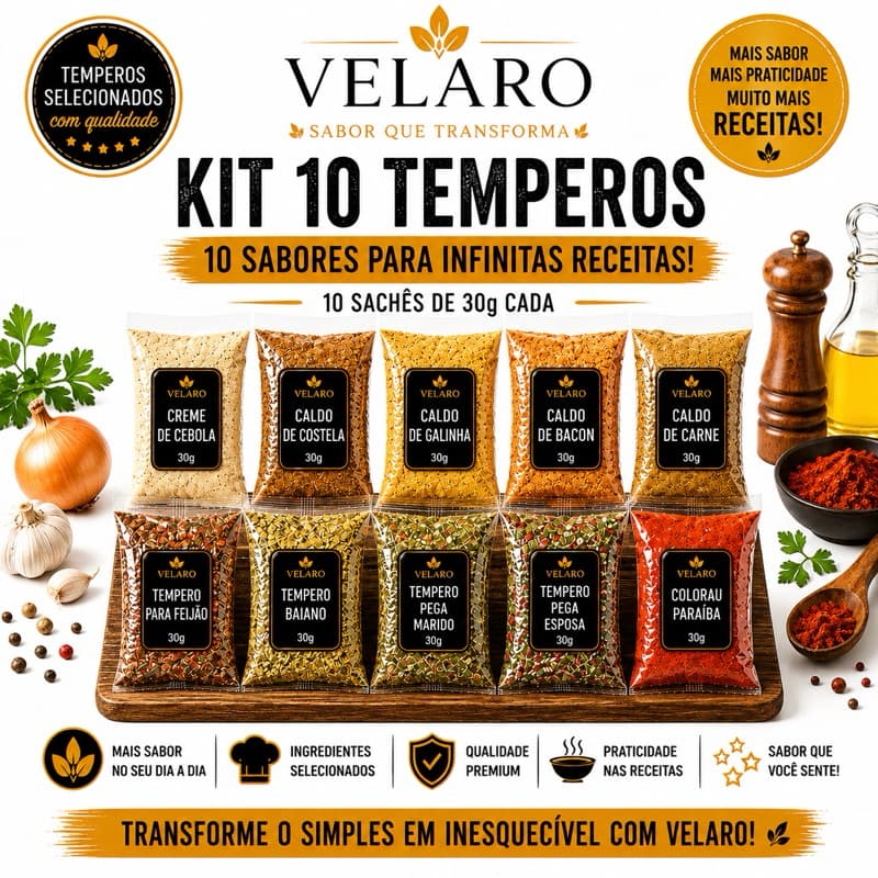 Kit 10 Temperos 30g Velaro | Caldos, Creme de Cebola, Tempero para Feijão e Mais