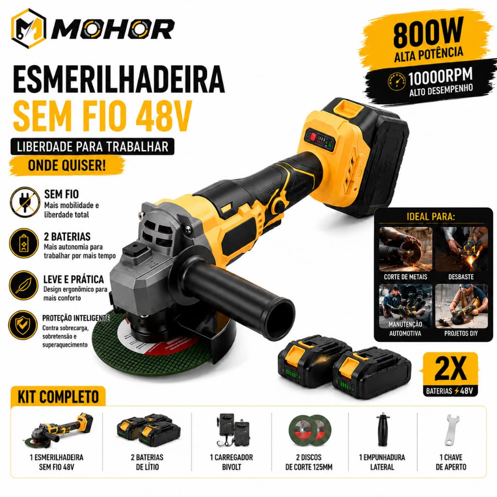 NovaVibe Esmerilhadeira Sem Fio 48V Brushless 800W com 2 Baterias 125mm 10000RPM para Corte e Desbaste