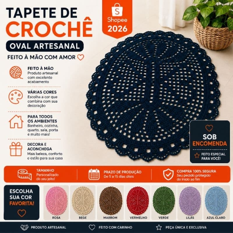 Kit com 3 Tapetes de Crochê Oval Artesanal Barbante para Banheiro Cozinha Quarto Sala Porta Várias Cores