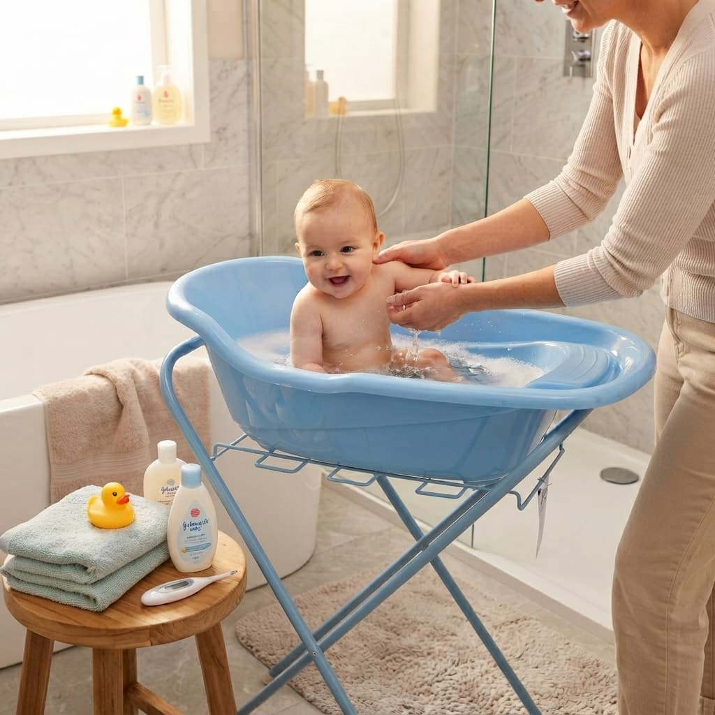 Banheira para Bebê com Suporte Dobrável Resistente Compacto Infantil Portátil Estrutura de Aço até 18kg
