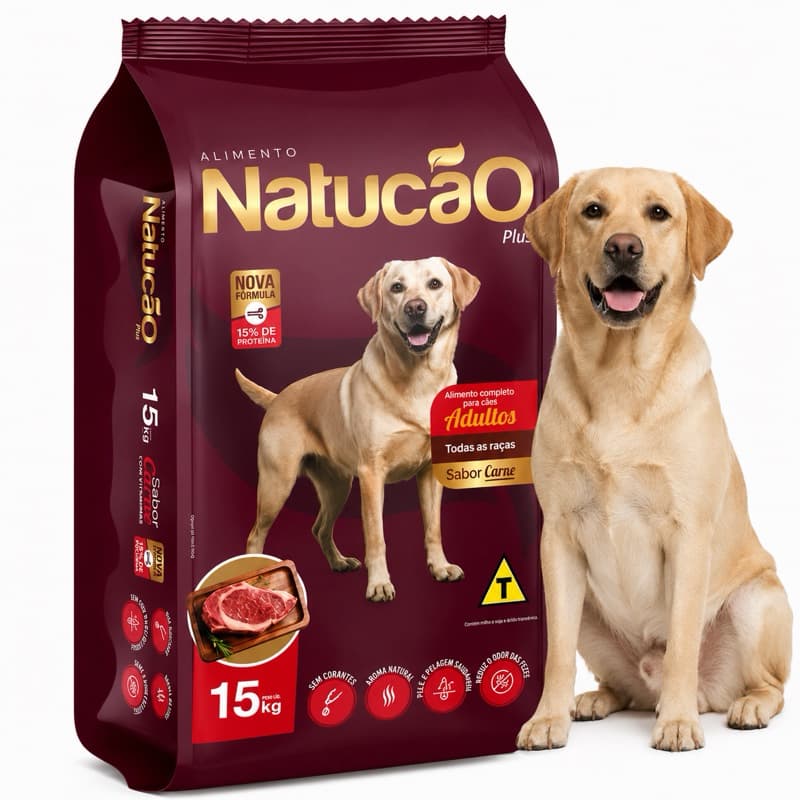NatuCão Plus Ração para Cachorro Adulto 15kg Carne 19% Proteína Vitaminas Ômega 3 e Ômega 6