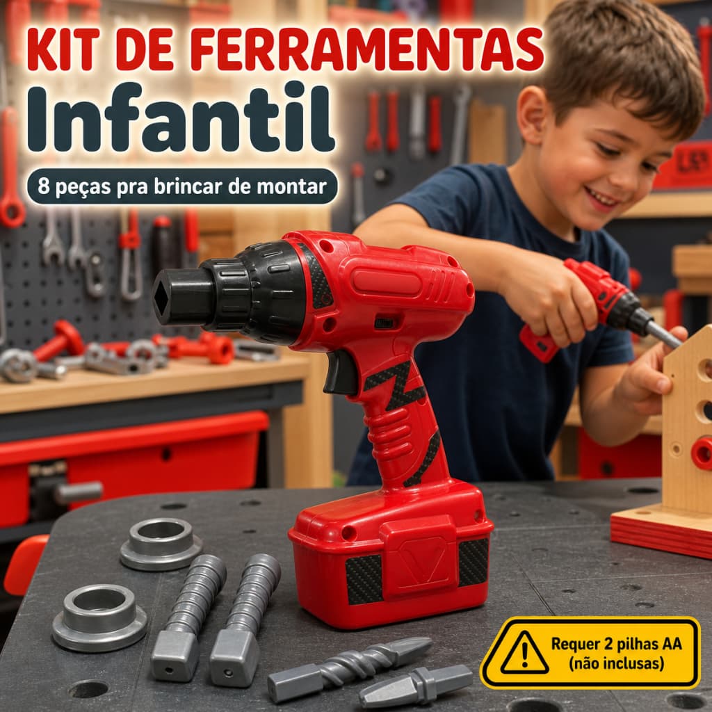 Kit de Ferramentas Infantil Furadeira Parafusadeira de Brinquedo com Som e Ponta Giratória 8 Peças Educativo 3 Anos