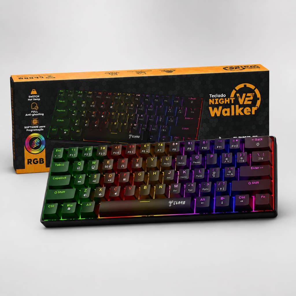 Teclado Gamer Mecânico 60% Night Walker V2 Clanm RGB, Red Switch, ABNT2 e USB-C